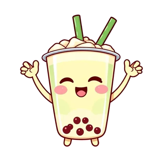 Mascotte BubbleShop, un boba crème et vert souriant